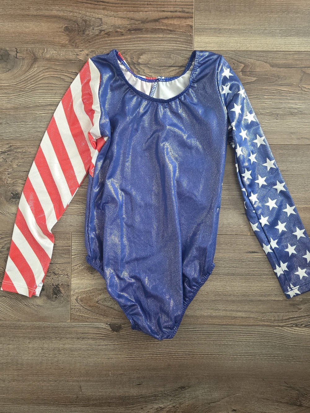 Girls Shiny Blue Patriotic Long-Sleeve One-Piece Bodysuit